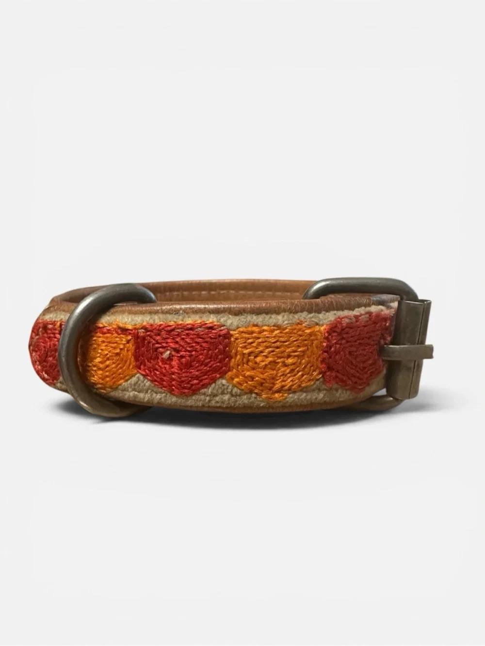 Embroidered Leather Dog Collar with Orange & Red Hearts